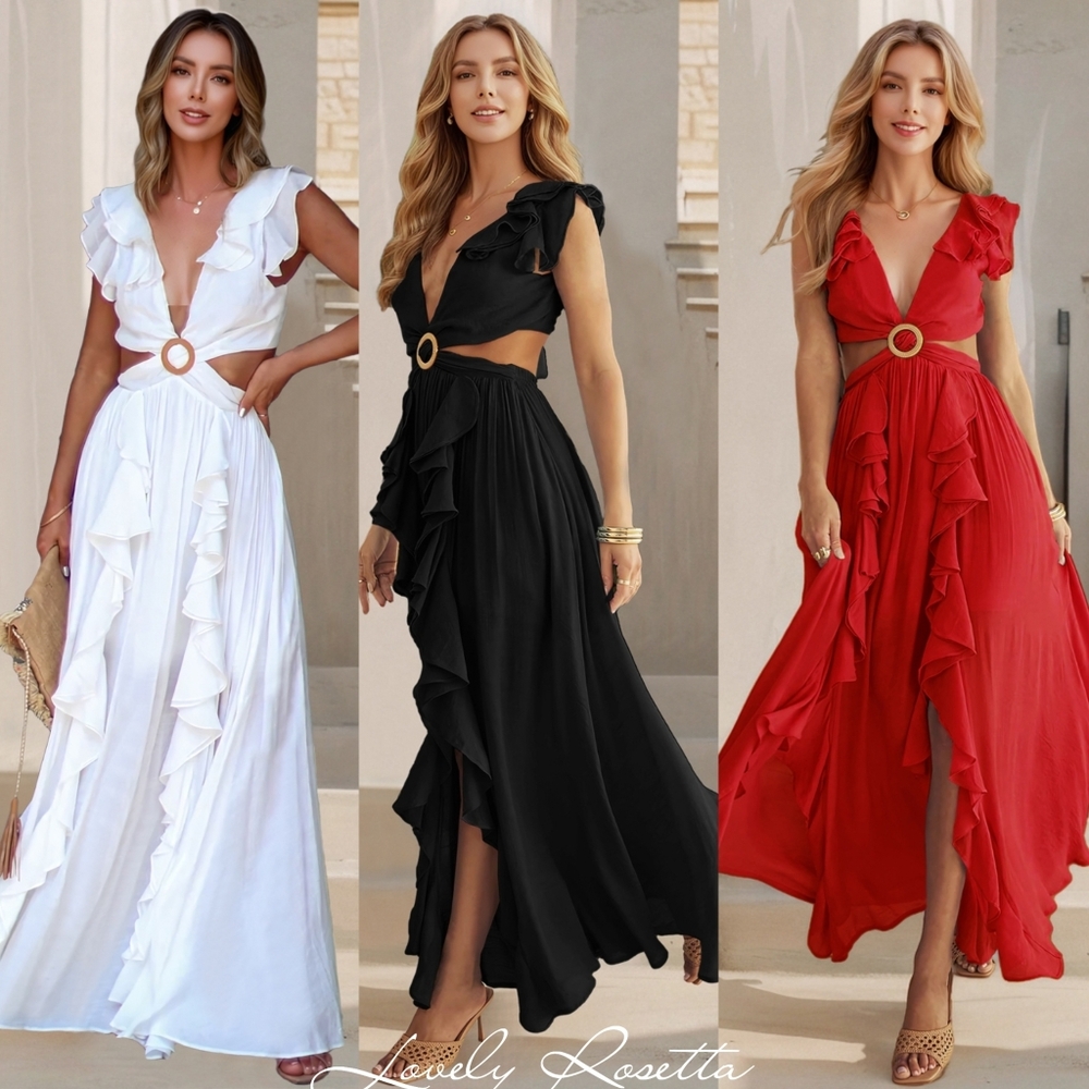 Ivory Cutout Ruffle Maxi Dress - Picture 6 of 8